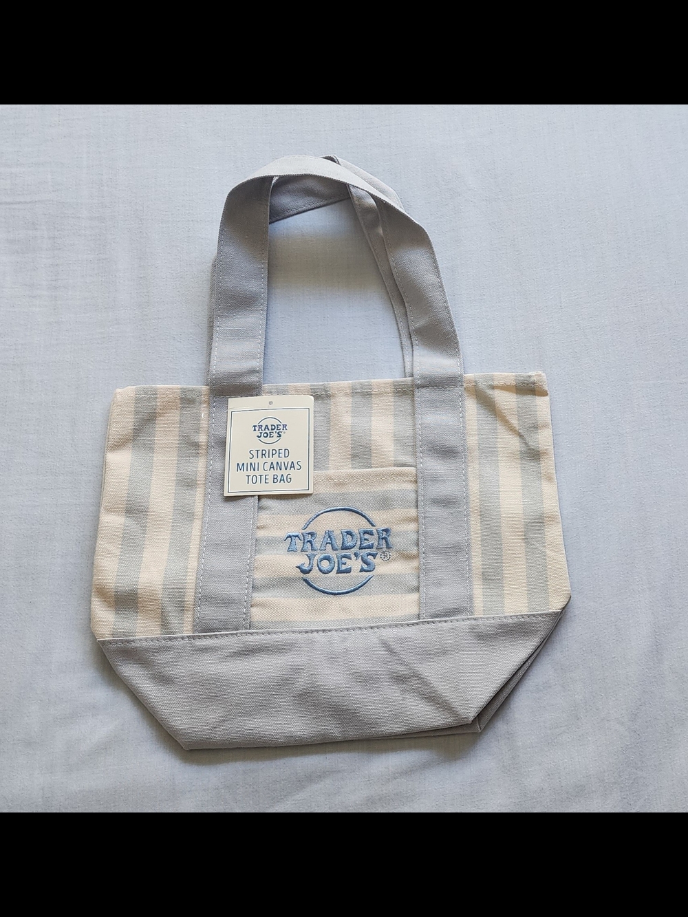 Trader Joe's Cream & Baby Blue Striped Canvas Tote Bag